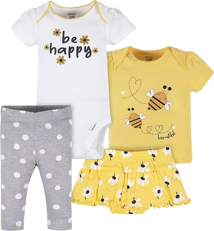 Baby Girls' 4-Piece Shirt, Skirted Panty, and Pant Set