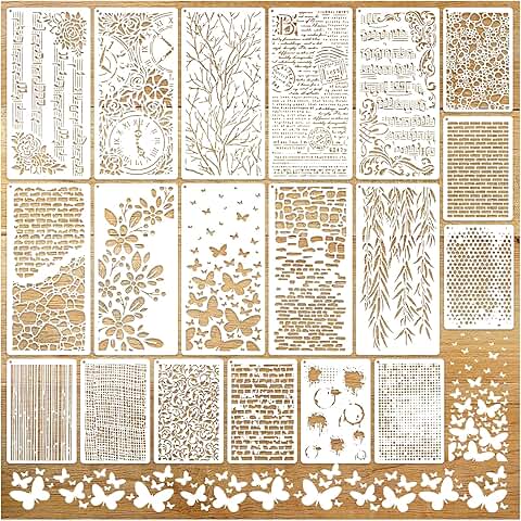 Set of 19 reusable craft stencils with musical notes, floral, and textured patterns