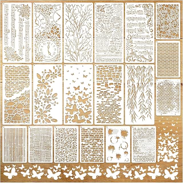 Set of 19 reusable craft stencils with musical notes, floral, and textured patterns