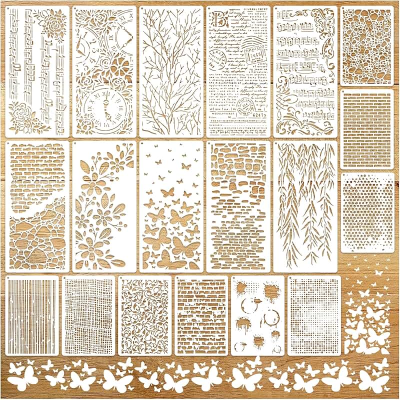 Set of 19 reusable craft stencils with musical notes, floral, and textured patterns