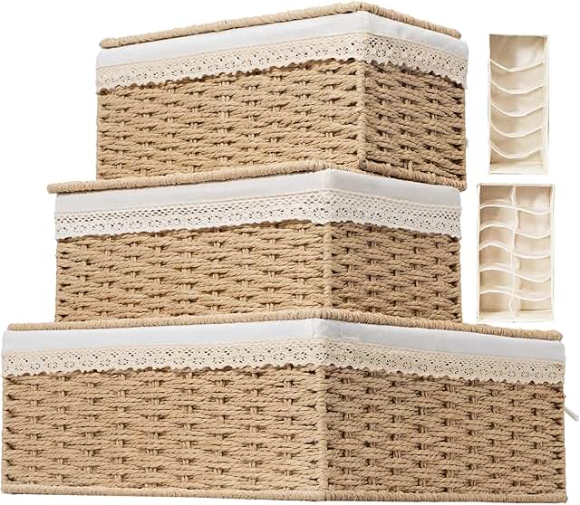 Set of 3 Large Rattan Storage Baskets with Lids