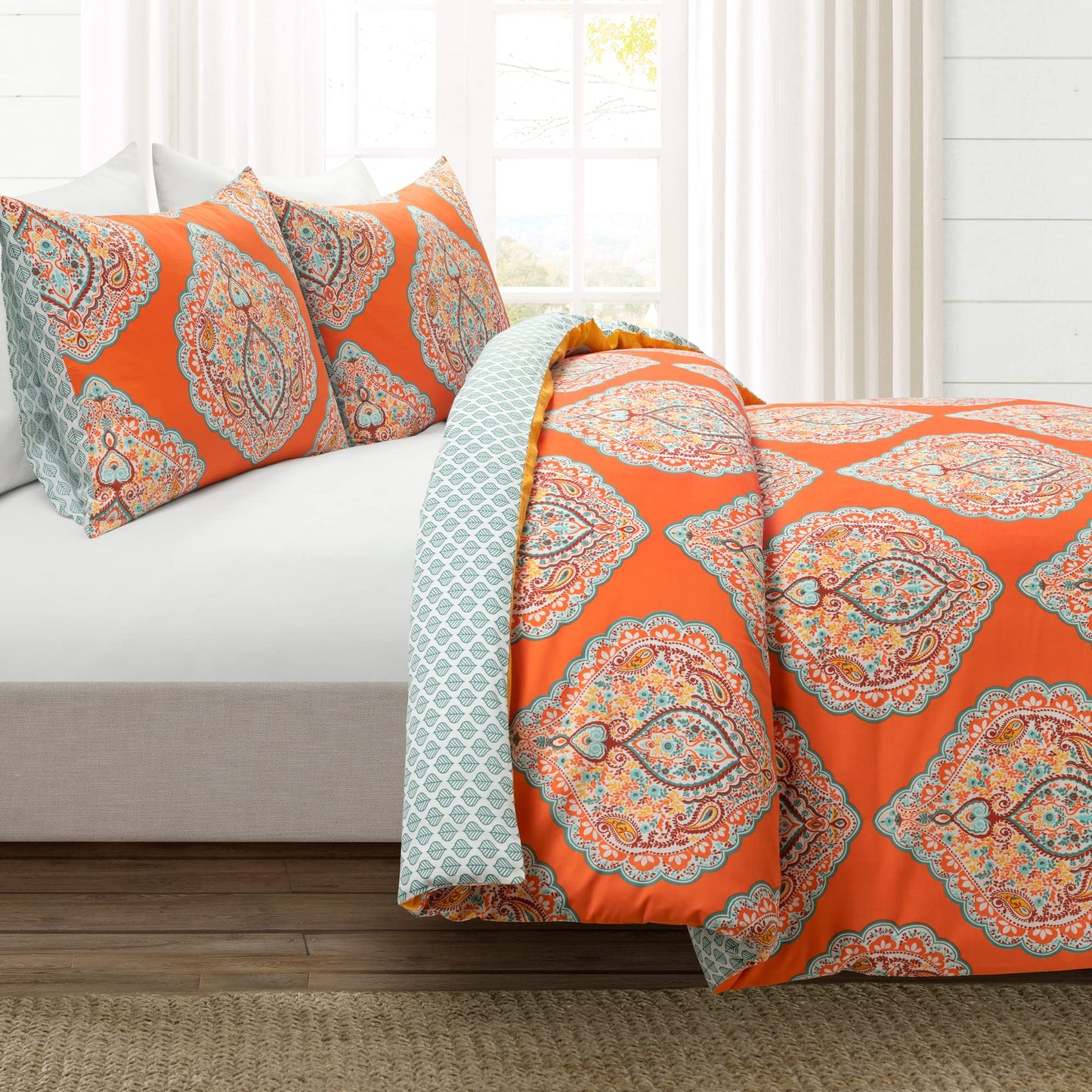 Harley Reversible Cotton 3 Piece Duvet Cover Set, Full/Queen, Tangerine