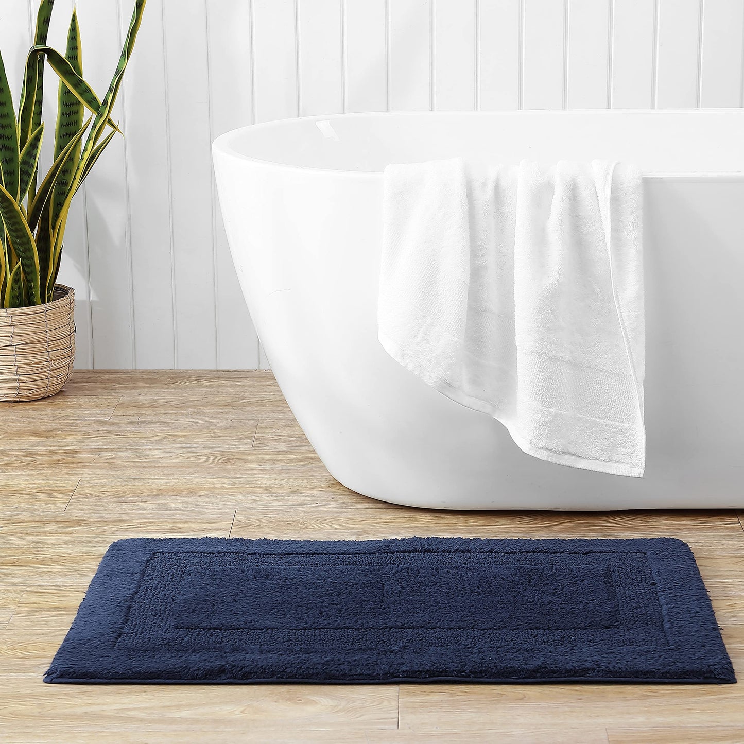 Home  Long Branch  Bath Rug-100% Cotton, Super Soft  Absorbent, Low-Linting  Reversible, 21 x 34, Navy