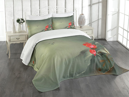 Dragonfly Bedspread, Traditional Painting with Lotus Blooms in Hazy Tones Design, Decorative Quilted 3 Piece Coverlet Set with 2 Pillow Shams, King Size, Red Green