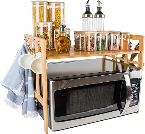 Bamboo Microwave Oven Rack with Hooks and Knife Holder
