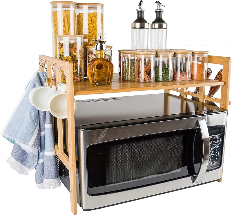 Bamboo Microwave Oven Rack with Hooks and Knife Holder