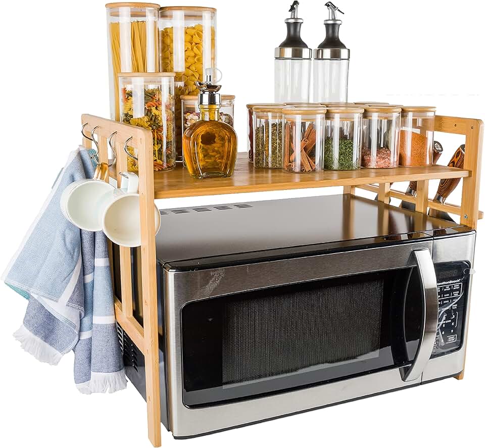 Bamboo Microwave Oven Rack with Hooks and Knife Holder