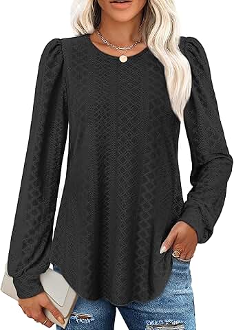 Dressy casual long sleeve eyelet blouse with puff sleeves