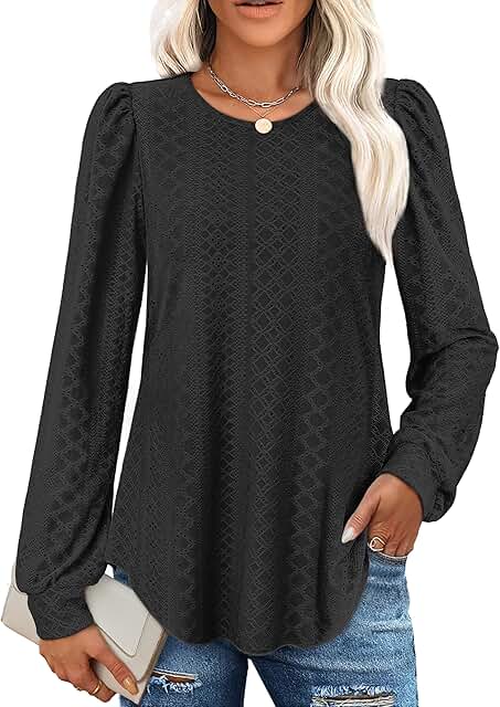 Dressy casual long sleeve eyelet blouse with puff sleeves