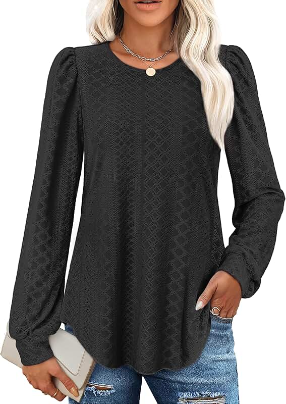 Dressy casual long sleeve eyelet blouse with puff sleeves