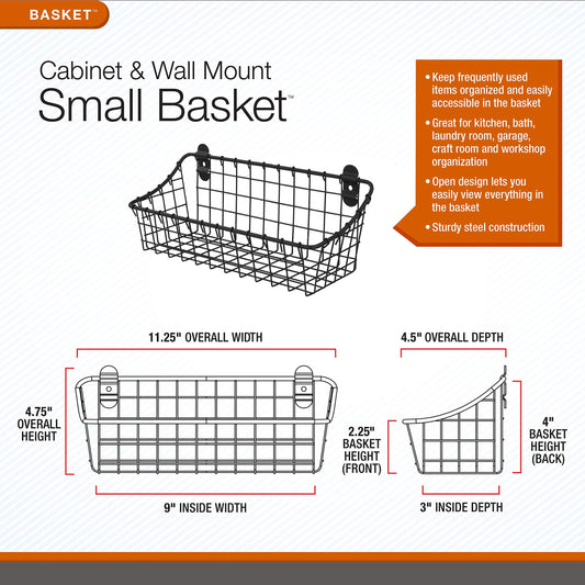 '- 86075 Vintage Cabinet Door & Wall Mount Basket Kitchen Pantry Bath & Entryway Storage Organizer Tray Bin, Small, Silver