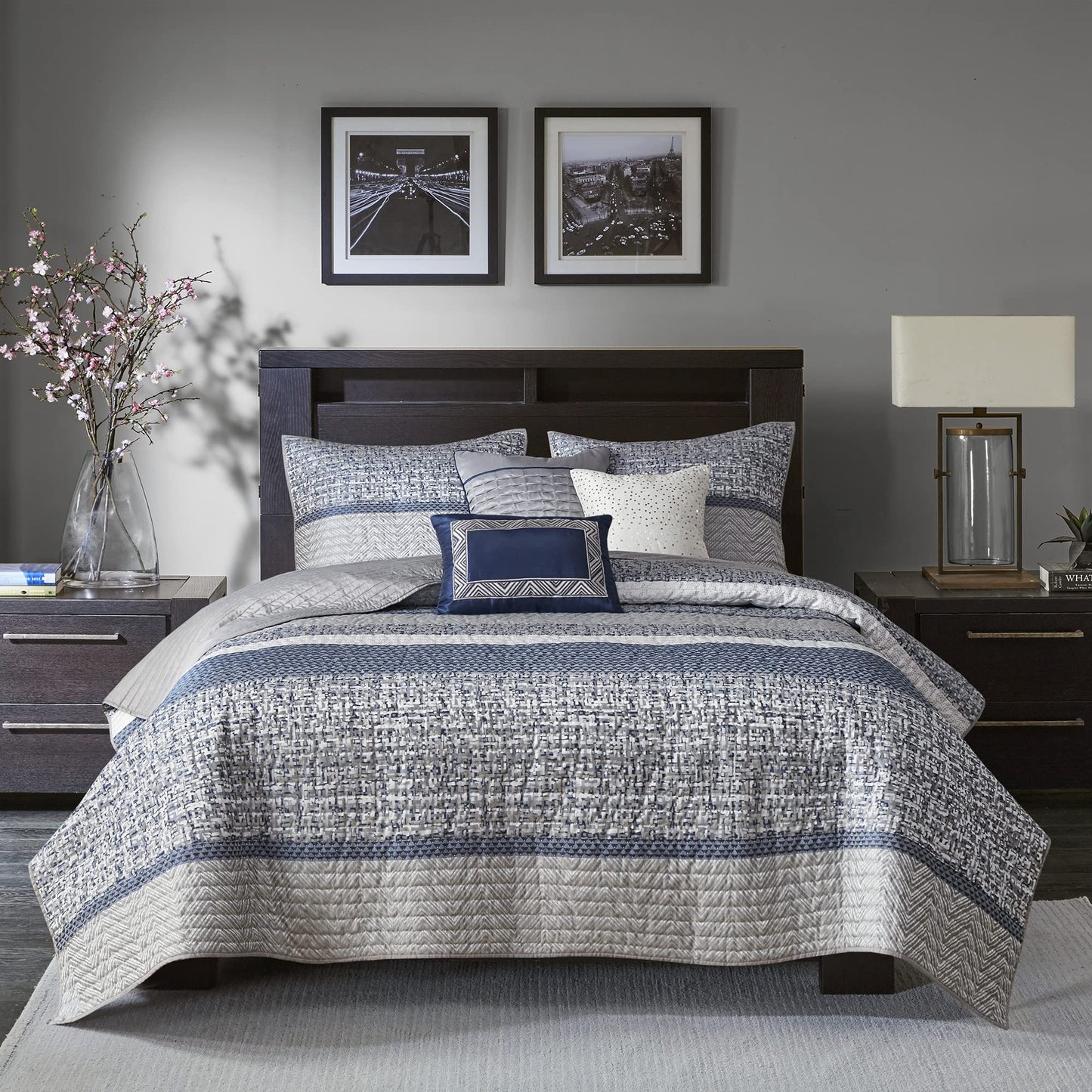Quilt Set Luxurious Jacquard Stripes Design  All Season, Coverlet Bedspread Lightweight Bedding Layer, Shams, Decorative Pillow, King/Cal King(104"x94"), Chevron Navy 6 Piece