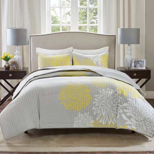 Enya Quilt Set  Casual Floral Print Channel Stitching Design, All Season, Lightweight Coverlet, Cozy Bedding, Matching Shams, Decorative Pillows, Full/Queen(90"x90"), Yellow 3 Piece