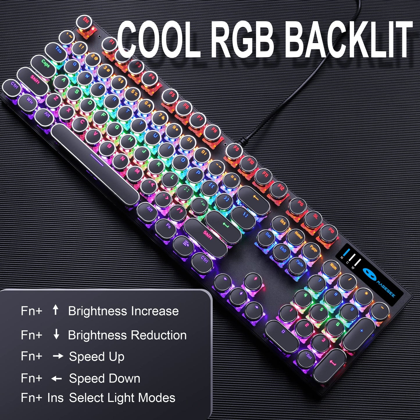 Typewriter Style Mechanical Gaming Keyboard, Black Retro Punk Gaming Keyboard with RGB Backlit, 104 Keys Blue Switch Wired Cute Keyboard, Round Keycaps for Windows/Mac/PC
