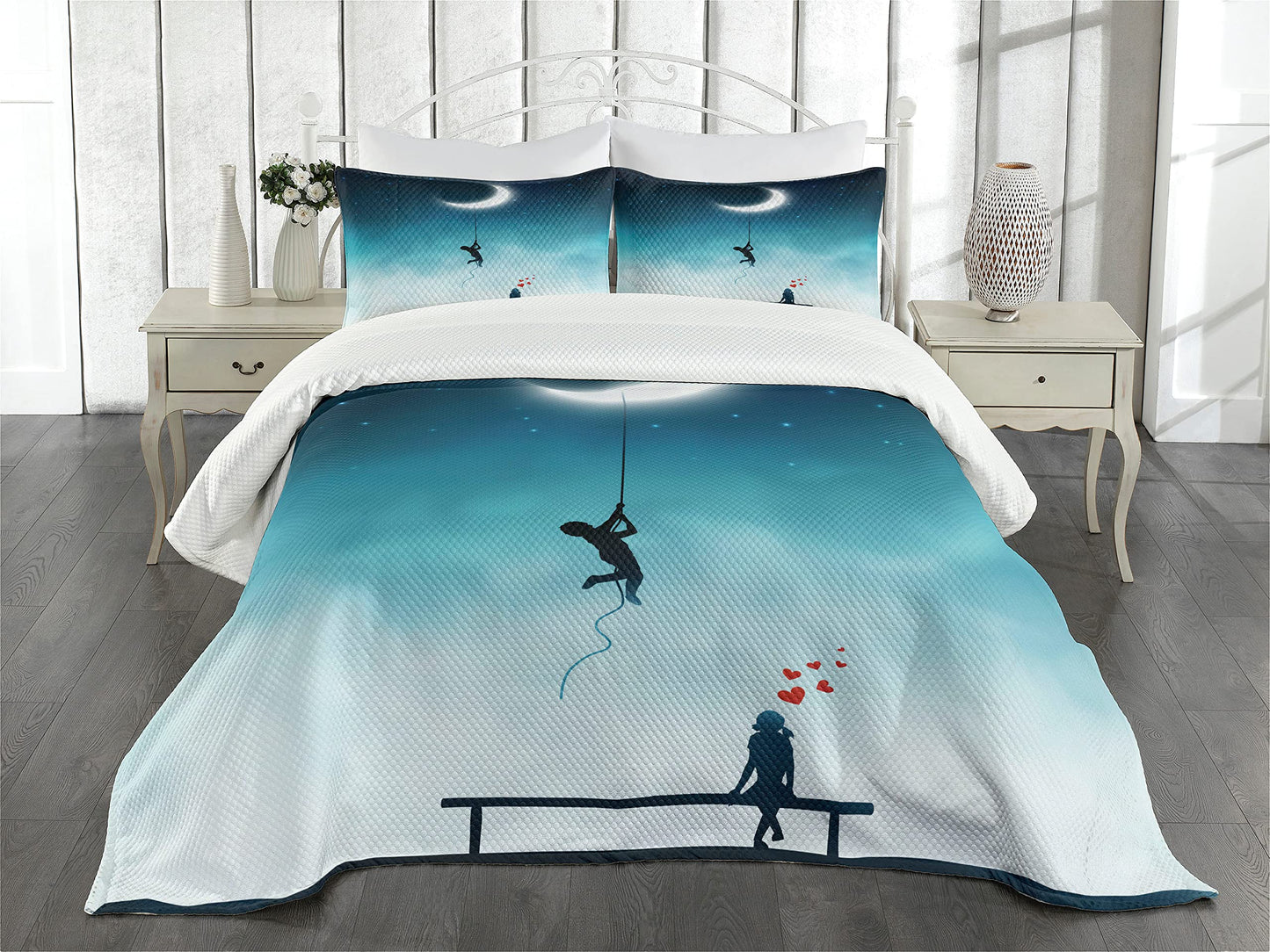 Fantasy Bedspread, Boy Climbing to The Moon and Girl on Bench Love Romance Art, Decorative Quilted 3 Piece Coverlet Set with 2 Pillow Shams, King Size, Teal White