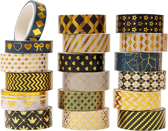 18 Rolls of Black and Gold Washi Tape for Crafts