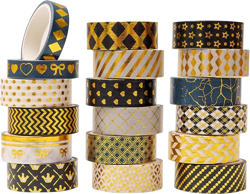 18 Rolls of Black and Gold Washi Tape for Crafts