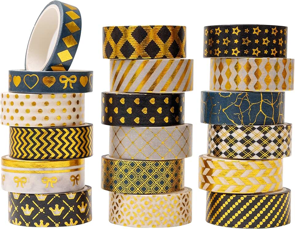 18 Rolls of Black and Gold Washi Tape for Crafts