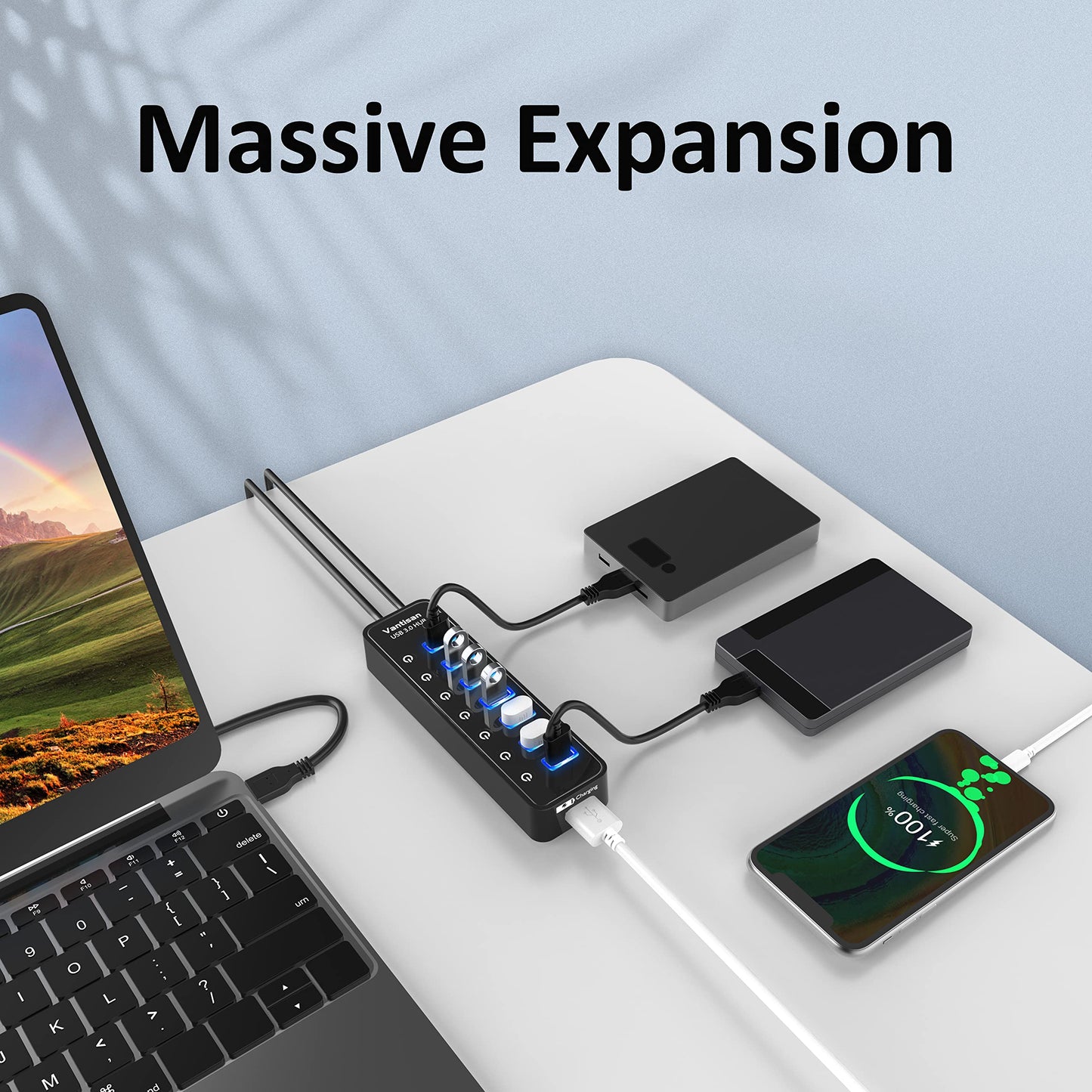 USB Hub 3.0 Powered, 7 Ports USB Data Hub Splitter with One Smart Charging Port and 5V/4A Powered Adapter and ON/Off Switches for MacBook, Mac Pro/Mini, iMac, Surface Pro Laptop/PC