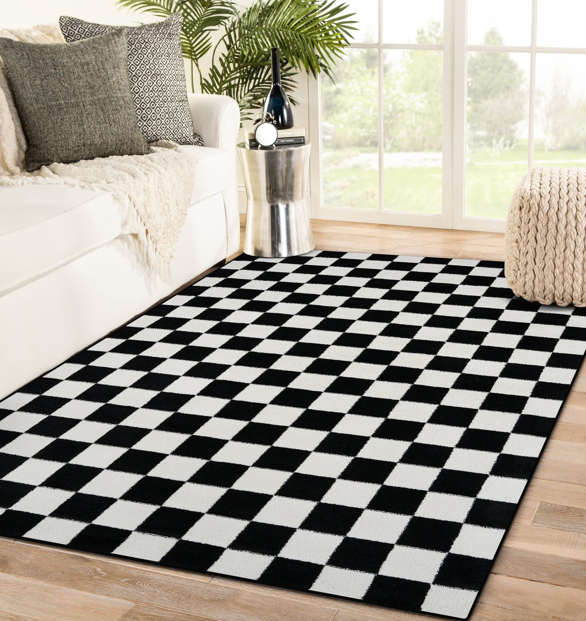 Black 5x7 1909 Checkered White Rug Carpet, 5 ft x 7 ft 1909 Black 5x7)