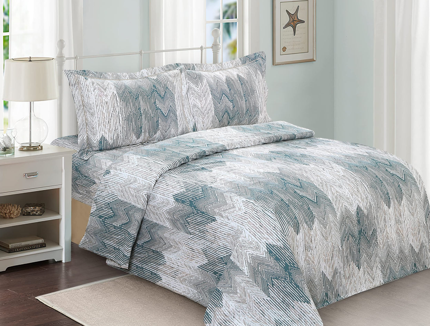 French Cheveron New Waves Pattern, Ultra Soft and Breathable 200 Thread-Count Cotton Percale, Aqua, Full, 6 Piece Duvet Set, Bedding Duvet Cover Set for Two Beds