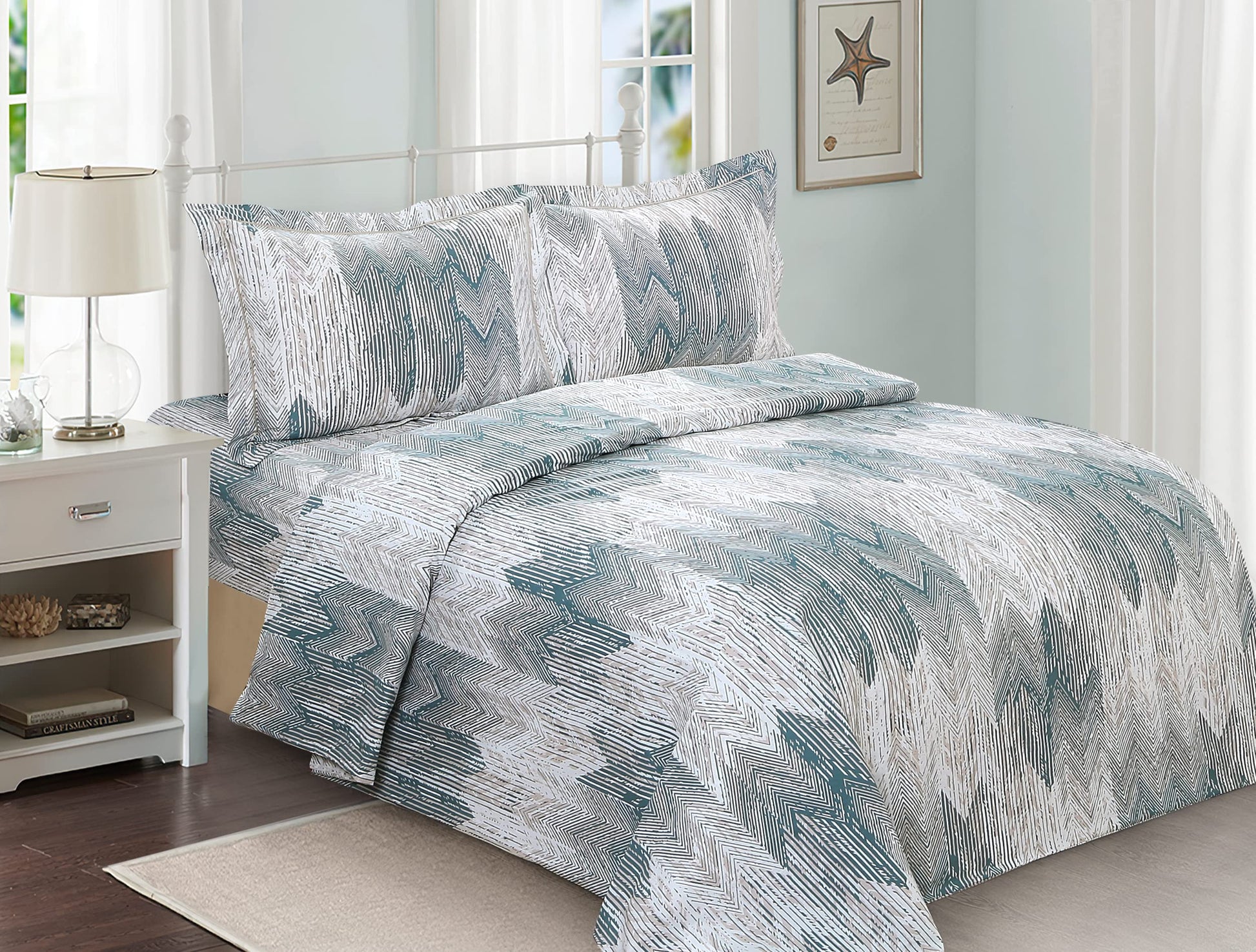 French Cheveron New Waves Pattern, Ultra Soft and Breathable 200 Thread-Count Cotton Percale, Aqua, Full, 6 Piece Duvet Set, Bedding Duvet Cover Set for Two Beds