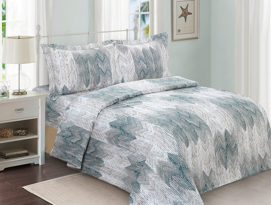 French Cheveron New Waves Pattern, Ultra Soft and Breathable 200 Thread-Count Cotton Percale, Aqua, Full, 6 Piece Duvet Set, Bedding Duvet Cover Set for Two Beds