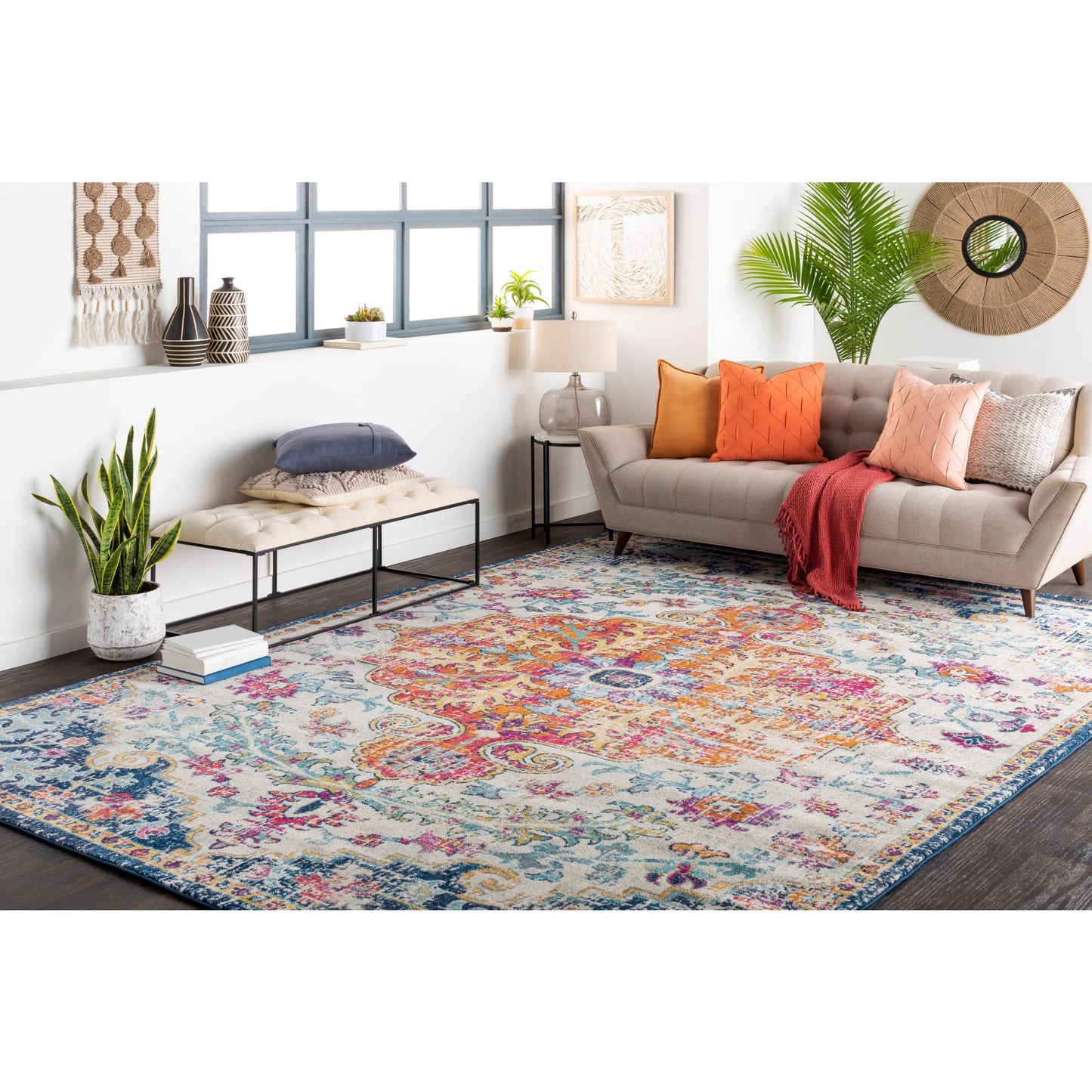 Odelia Vintage Bohemian Area Rug,6'7" x 9',Orange/Navy