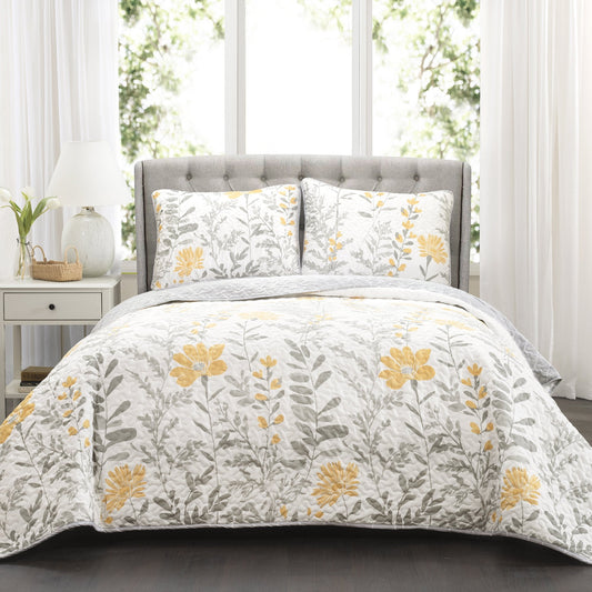 Yellow Aprile Reversible Quilt 3 Piece Floral Leaf Design Bedding Set-Full Queen Gray