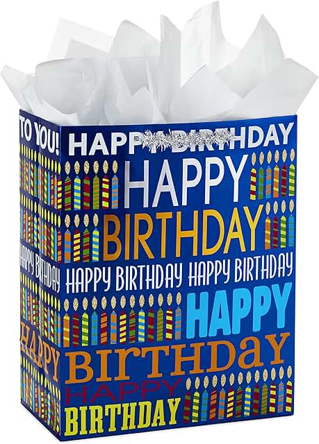 Large 13-inch Blue Birthday Gift Bag with Tissue Paper
