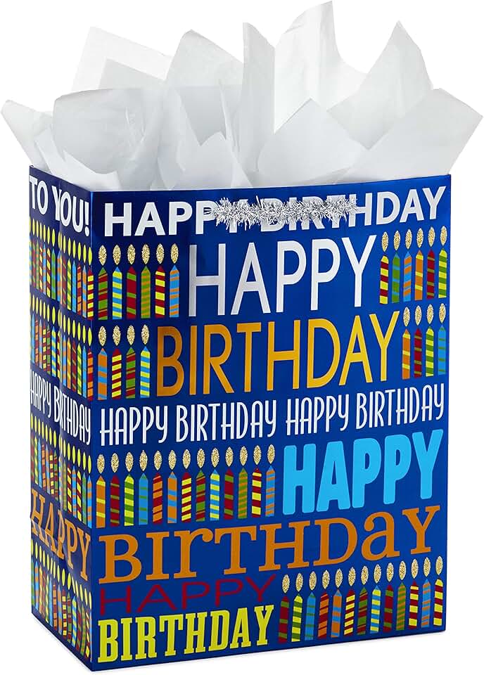 Large 13-inch Blue Birthday Gift Bag with Tissue Paper