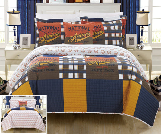 Champion 4 Piece Reversible Quilt Set Patchwork Print Athletic Youth Design Coverlet Bedding  Decorative Pillow Shams Included Size, Full, Multi Color