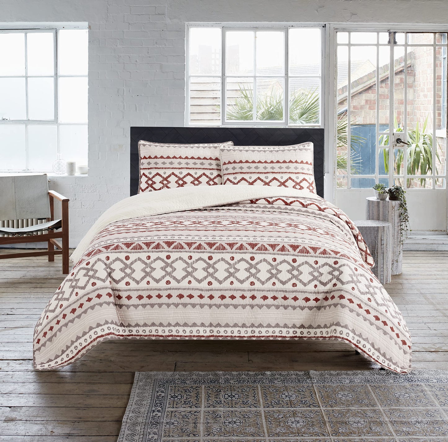 Adair Reversible Design Blanket 3 Piece Set Includes 1 Quilt and 2 Shams 100% Polyester Wrinkle Resistant and Anti Pilling, Queen 3PC, Natural/Rust