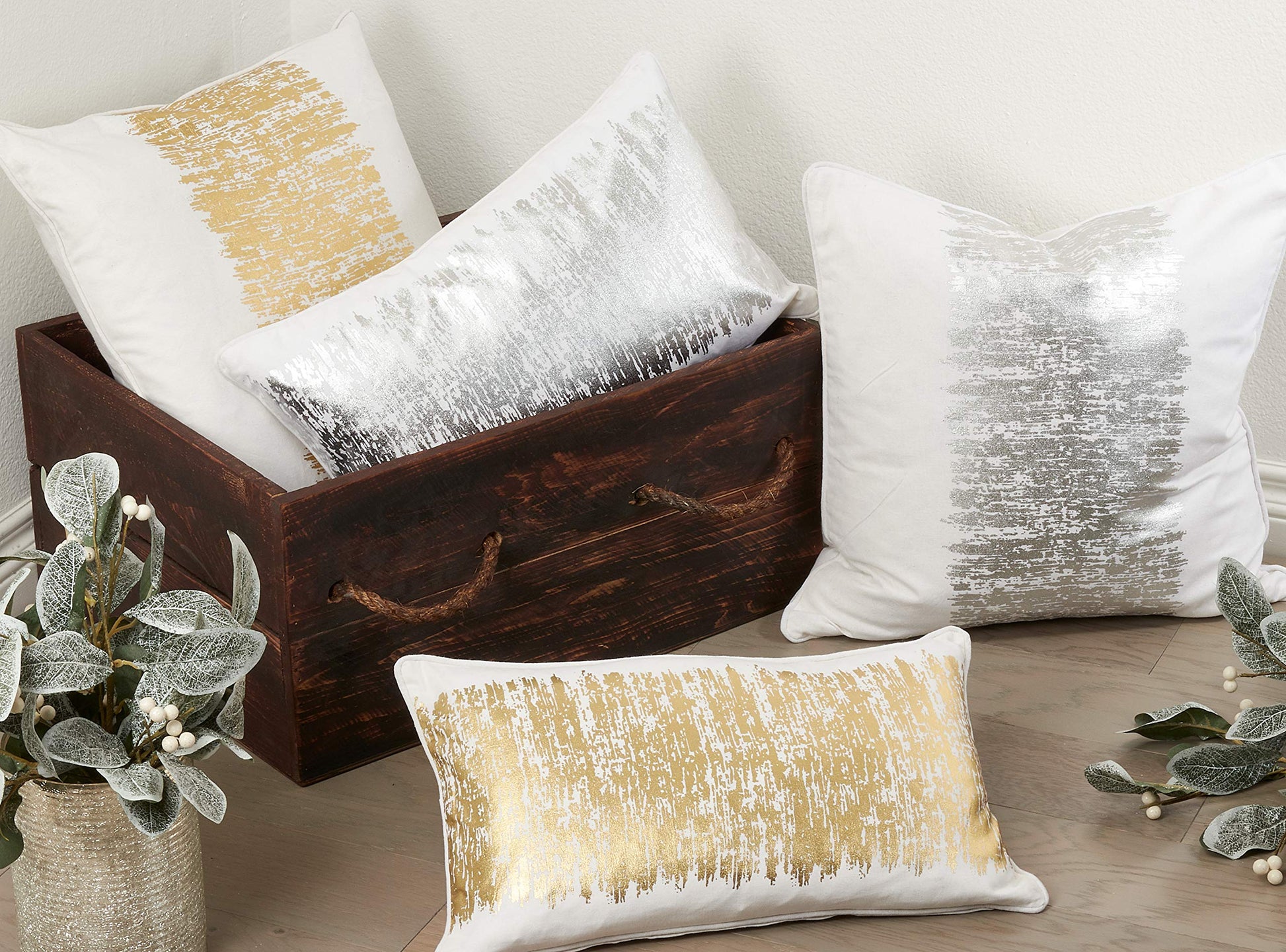Agatha Metallic Banded Design Cotton Down Filled Throw Pillow-Gold,12" x 20"