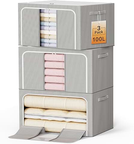 Foldable Clothes Storage Bins with Metal Frame, 3 Pack