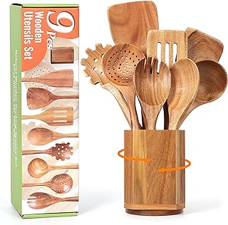 9-Piece Wooden Cooking Spoon Set with Holder