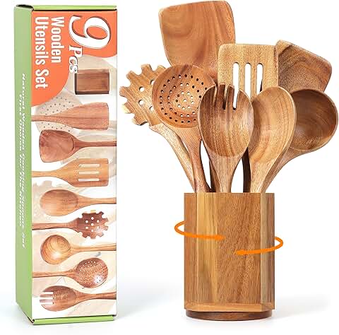 9-Piece Wooden Cooking Spoon Set with Holder