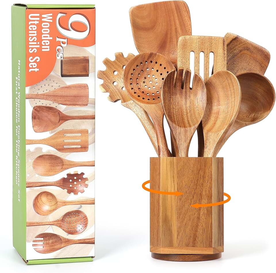 9-Piece Wooden Cooking Spoon Set with Holder