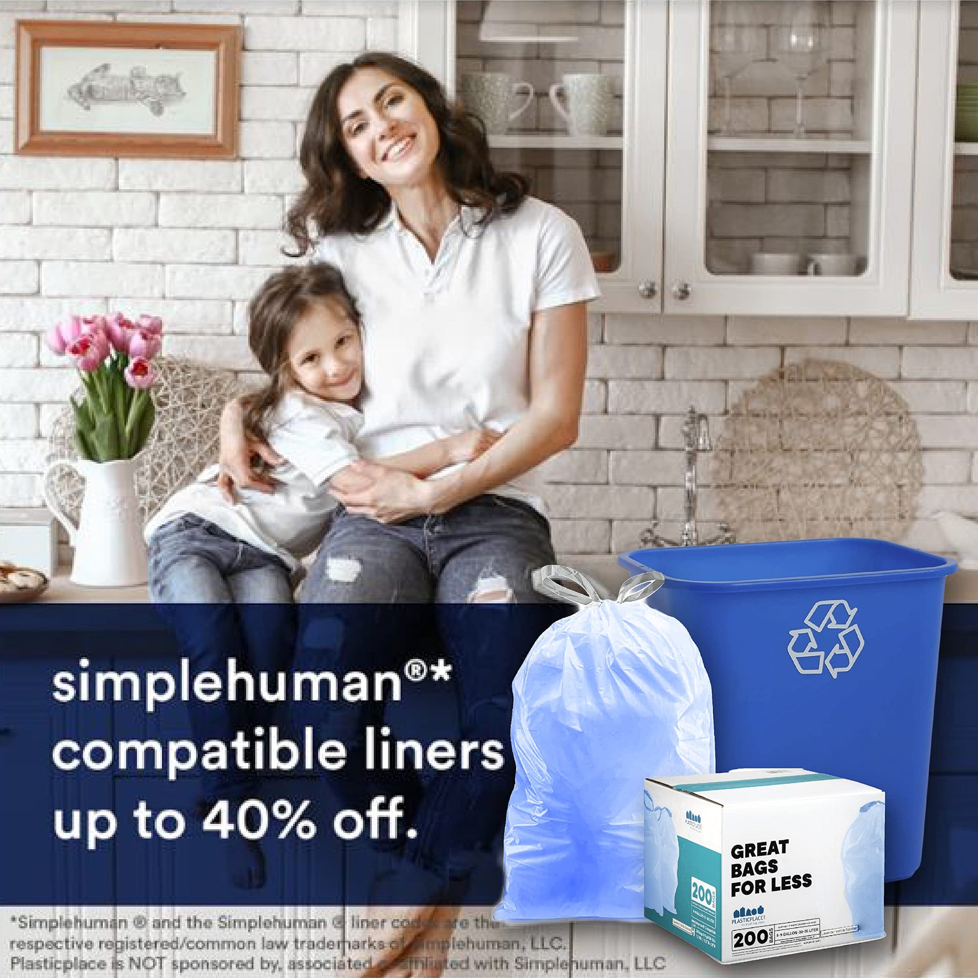 Custom Fit Trash Bags x) Code H Compatible, Tinted Blue Dr string Garbage, Liners 8-9 lon, 30-35 Liter, 18.5" x 28", 100 Count