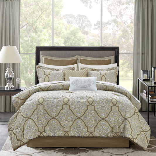 LaVine Cozy Bed in a Bag Comforter, Traditional Luxe Jacquard Design All Season Down Alternative Cover with Complete Sheet Set, Queen, Gold 12 Piece