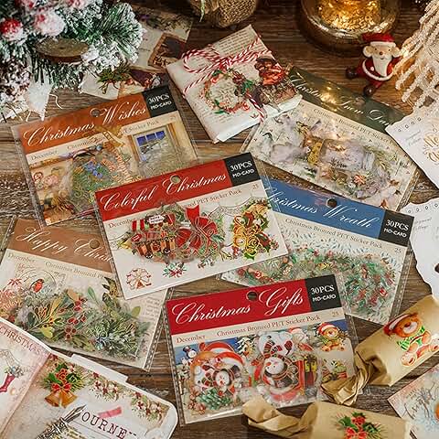 Gold Foil Christmas Stickers with Santa and Snowman, 180 pcs