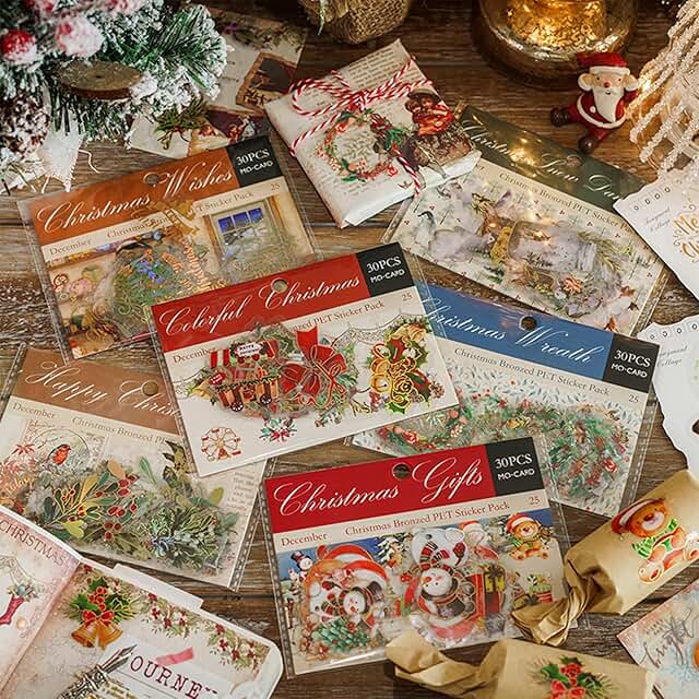 Gold Foil Christmas Stickers with Santa and Snowman, 180 pcs