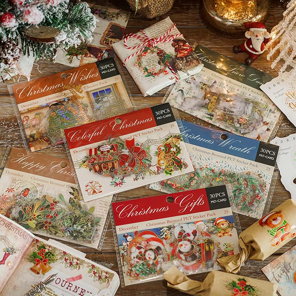 Gold Foil Christmas Stickers with Santa and Snowman, 180 pcs
