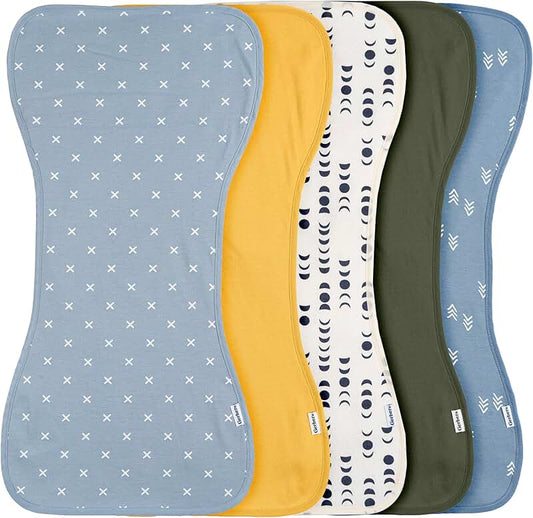Set of 5 unisex baby burp cloths in blue and gold