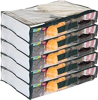 Set of five clear vinyl storage bags with zipper, handle, and insert pocket