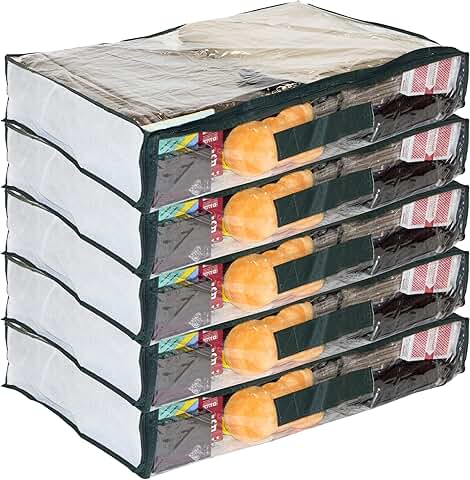 Set of five clear vinyl storage bags with zipper, handle, and insert pocket