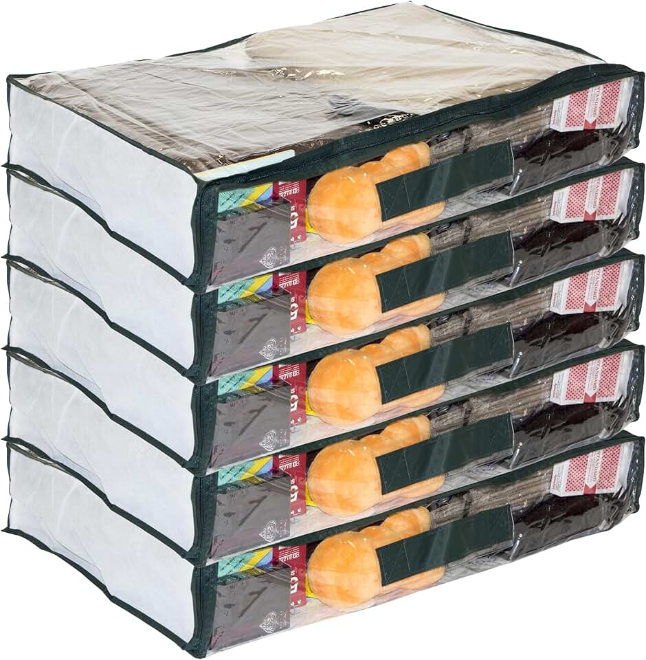 Set of five clear vinyl storage bags with zipper, handle, and insert pocket