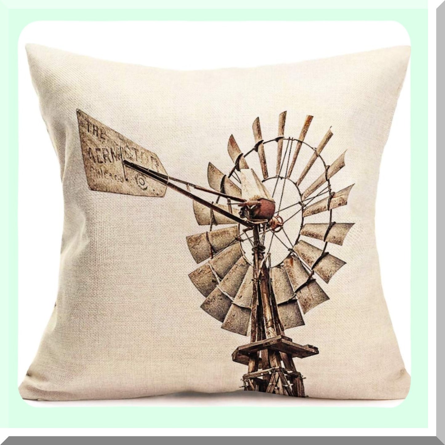Rural Wood Windmill Decor Pillow - Vintage Dutch Countryside Farming Culture Cushion Cover - Cotton Linen Home Decor - Square 18" x 18"