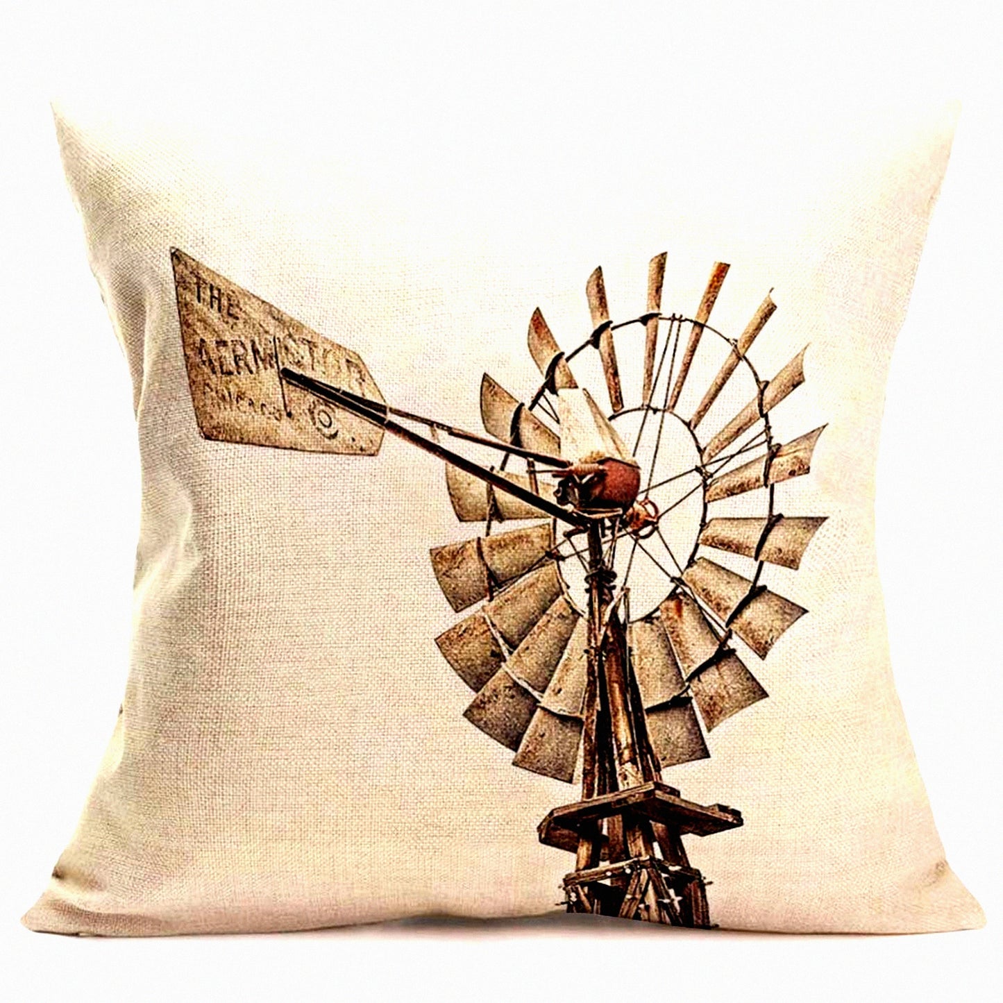 Rural Wood Windmill Decor Pillow - Vintage Dutch Countryside Farming Culture Cushion Cover - Cotton Linen Home Decor - Square 18" x 18"