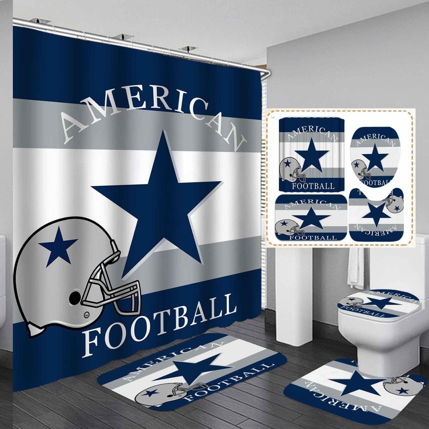 Football Shower Curtain 4PCS Set with Rugs